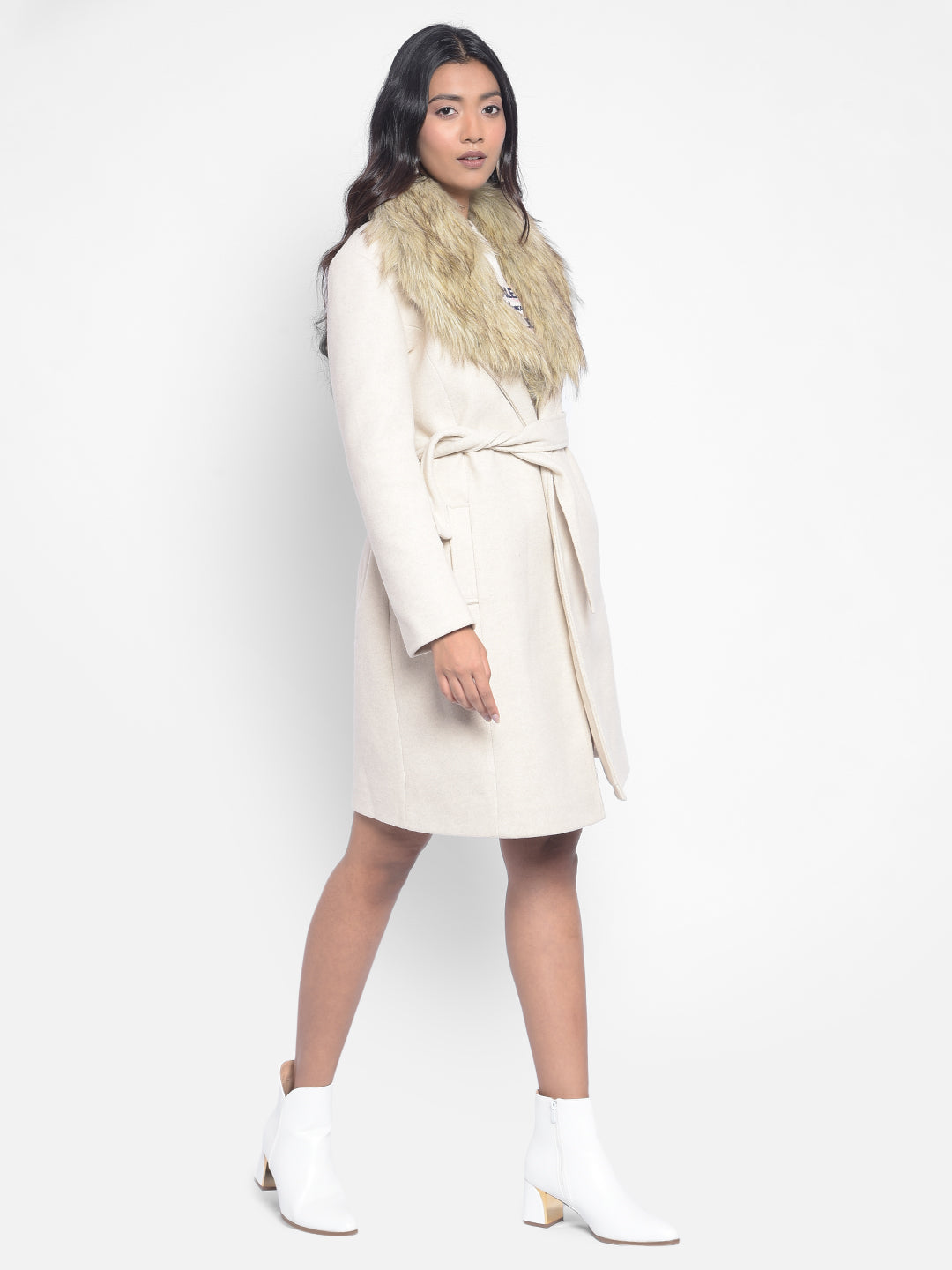 Beige Faux Fur Detailed Wrap Coat-Women Blazers-Crimsoune Club