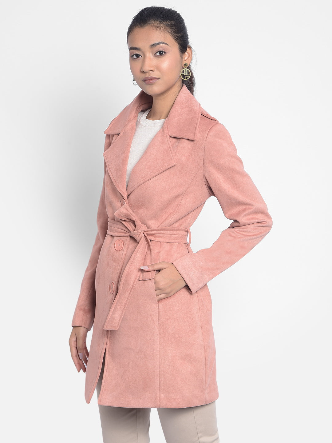 Peach Overcoat With Belt-Women Blazers-Crimsoune Club