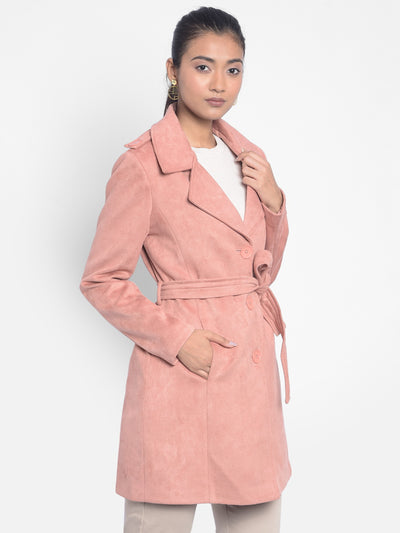 Peach Overcoat With Belt-Women Blazers-Crimsoune Club