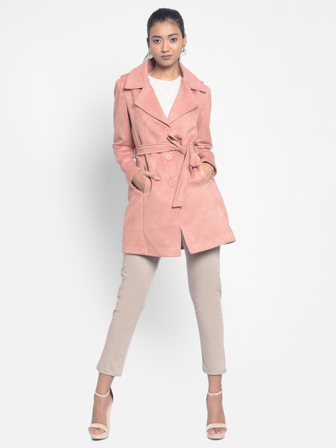 Peach Overcoat With Belt-Women Blazers-Crimsoune Club