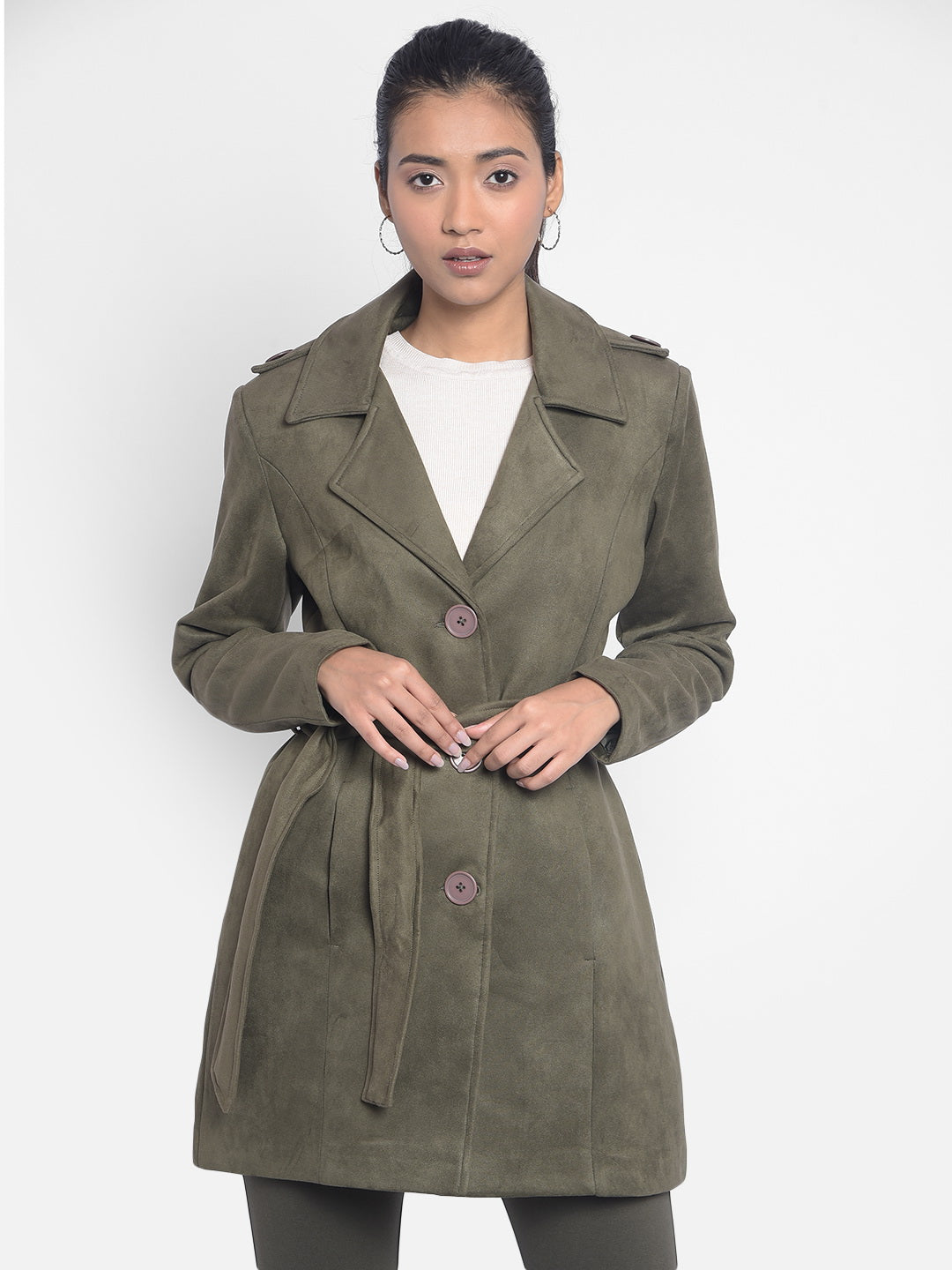 Olive Overcoat With Belt-Women Blazers-Crimsoune Club