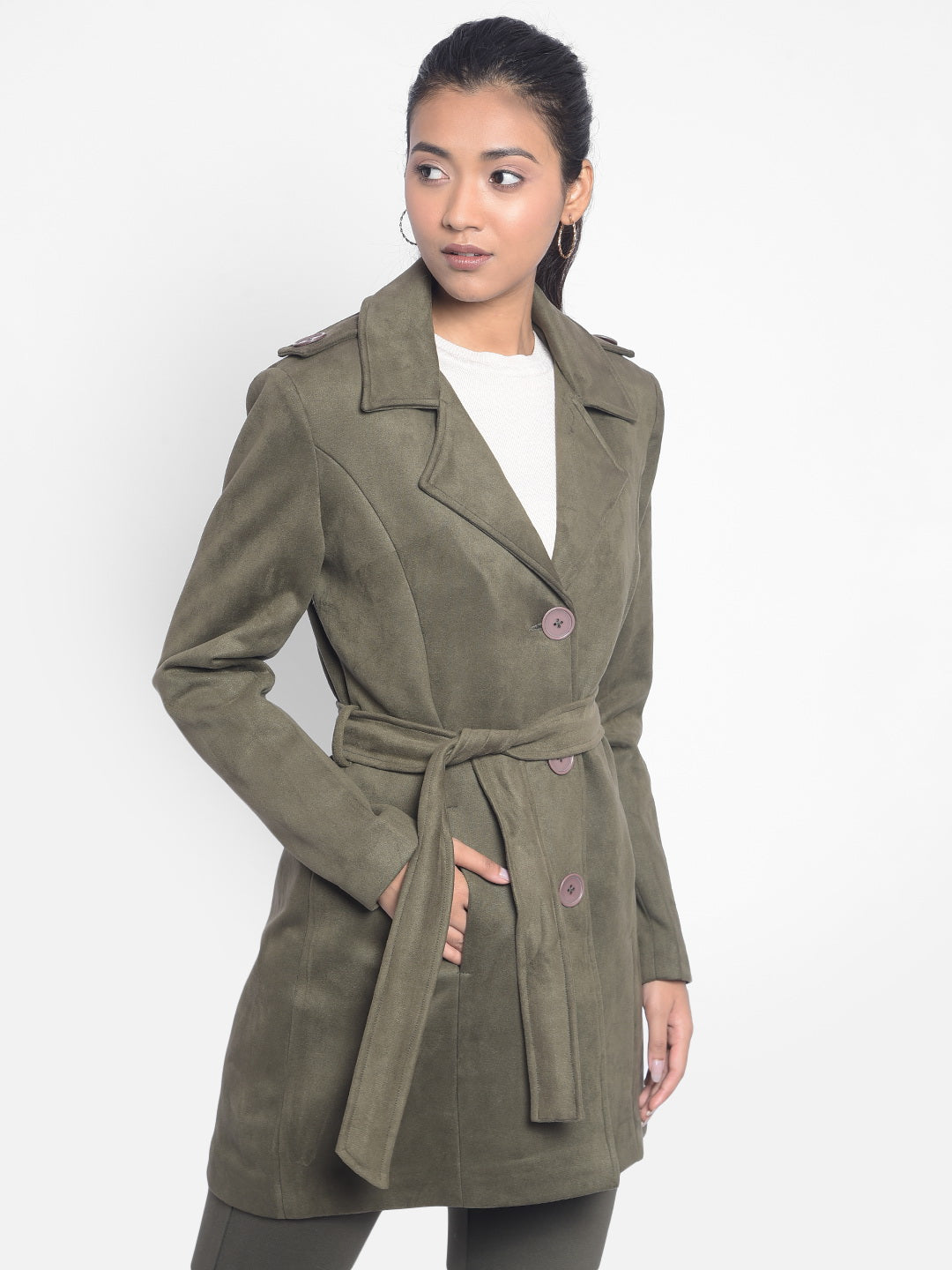 Olive Overcoat With Belt-Women Blazers-Crimsoune Club