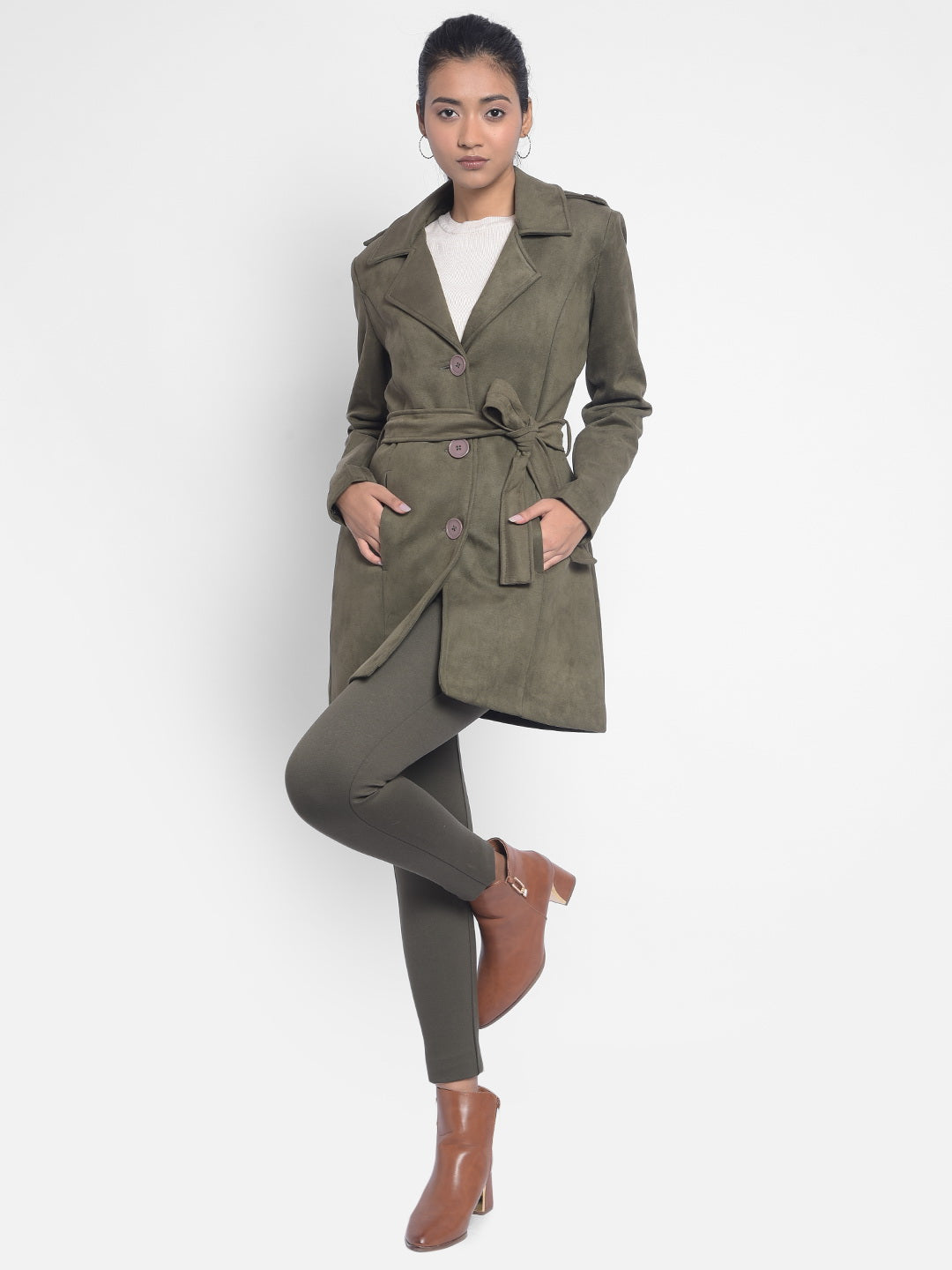 Olive Overcoat With Belt-Women Blazers-Crimsoune Club