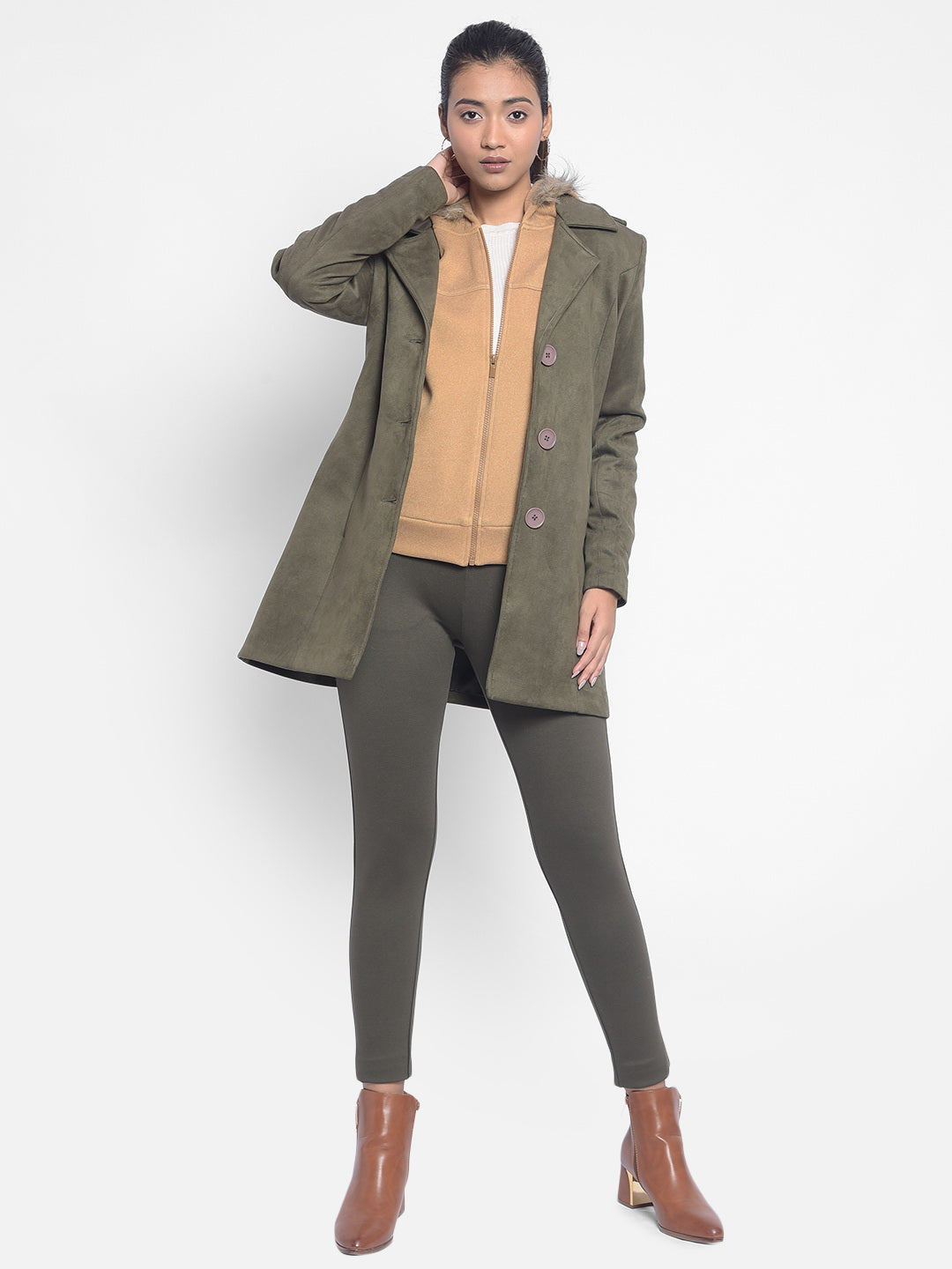 Olive Overcoat With Belt-Women Blazers-Crimsoune Club