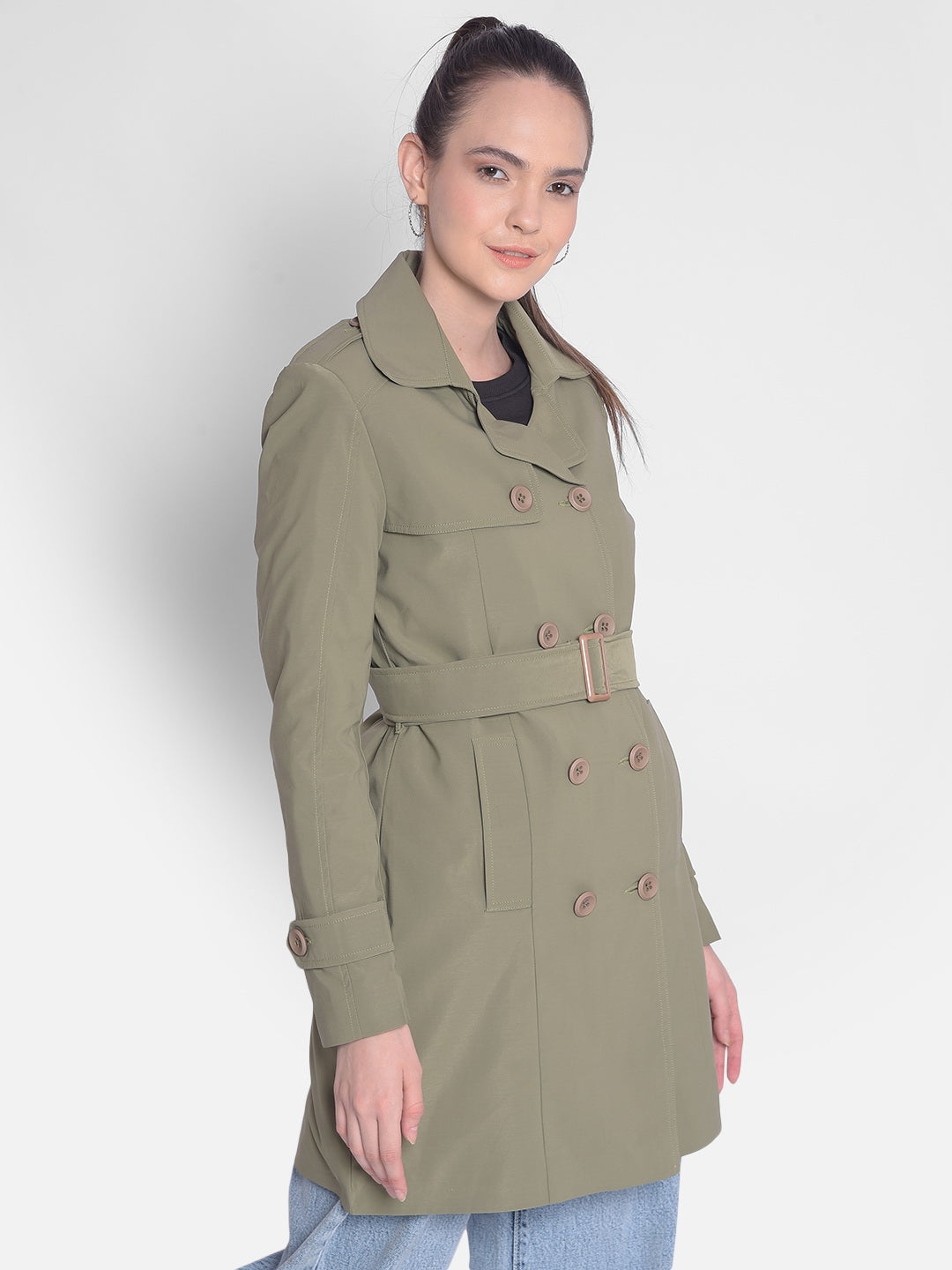 Olive Trench Coat-Women Overcoats-Crimsoune Club