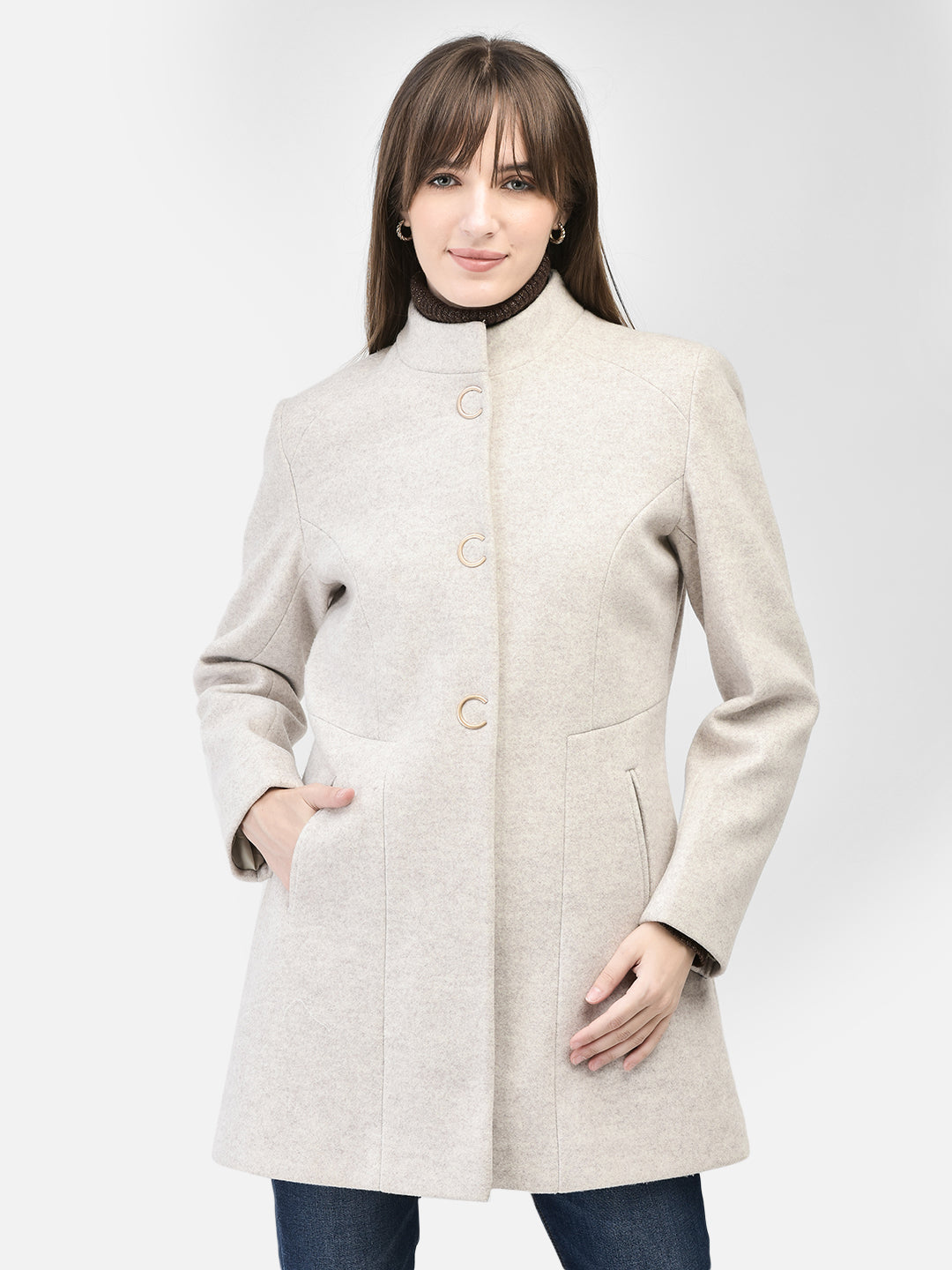 Grey Mandarin Collar Overcoat-Women Coats-Crimsoune Club