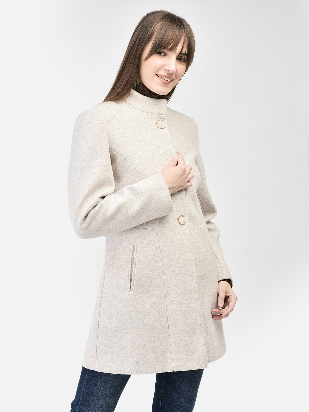 Grey Mandarin Collar Overcoat-Women Coats-Crimsoune Club