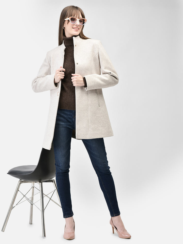 Grey Mandarin Collar Overcoat-Women Coats-Crimsoune Club