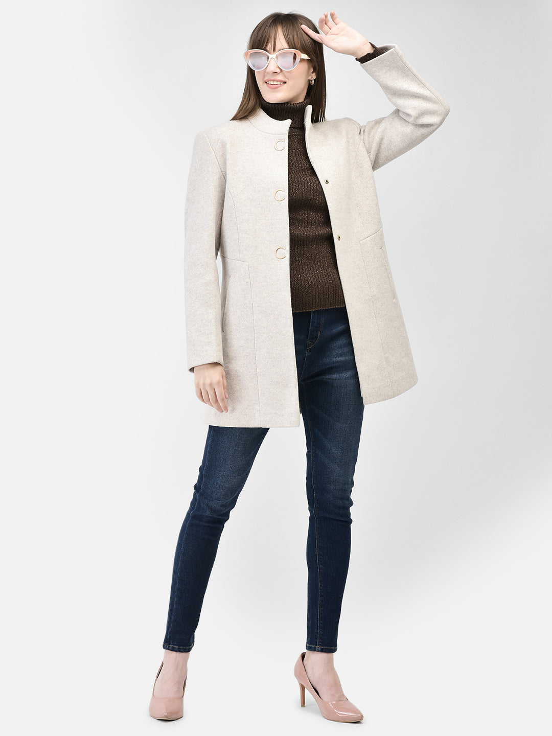 Grey Mandarin Collar Overcoat-Women Coats-Crimsoune Club