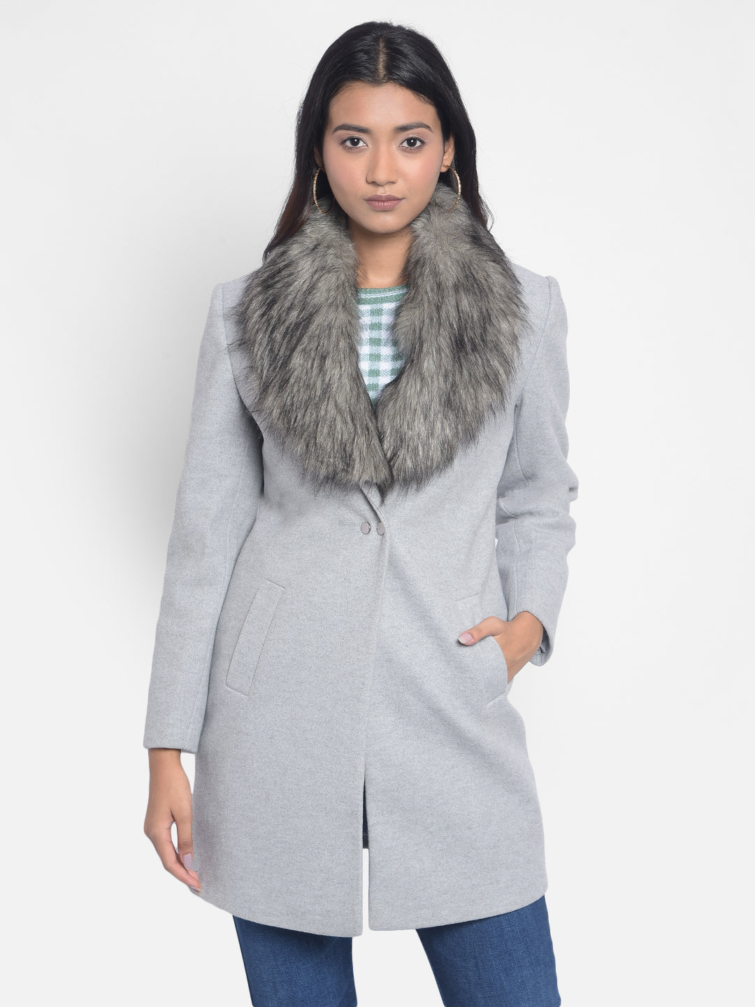 Grey Faux Fur Detailed Overcoat-Women Blazers-Crimsoune Club