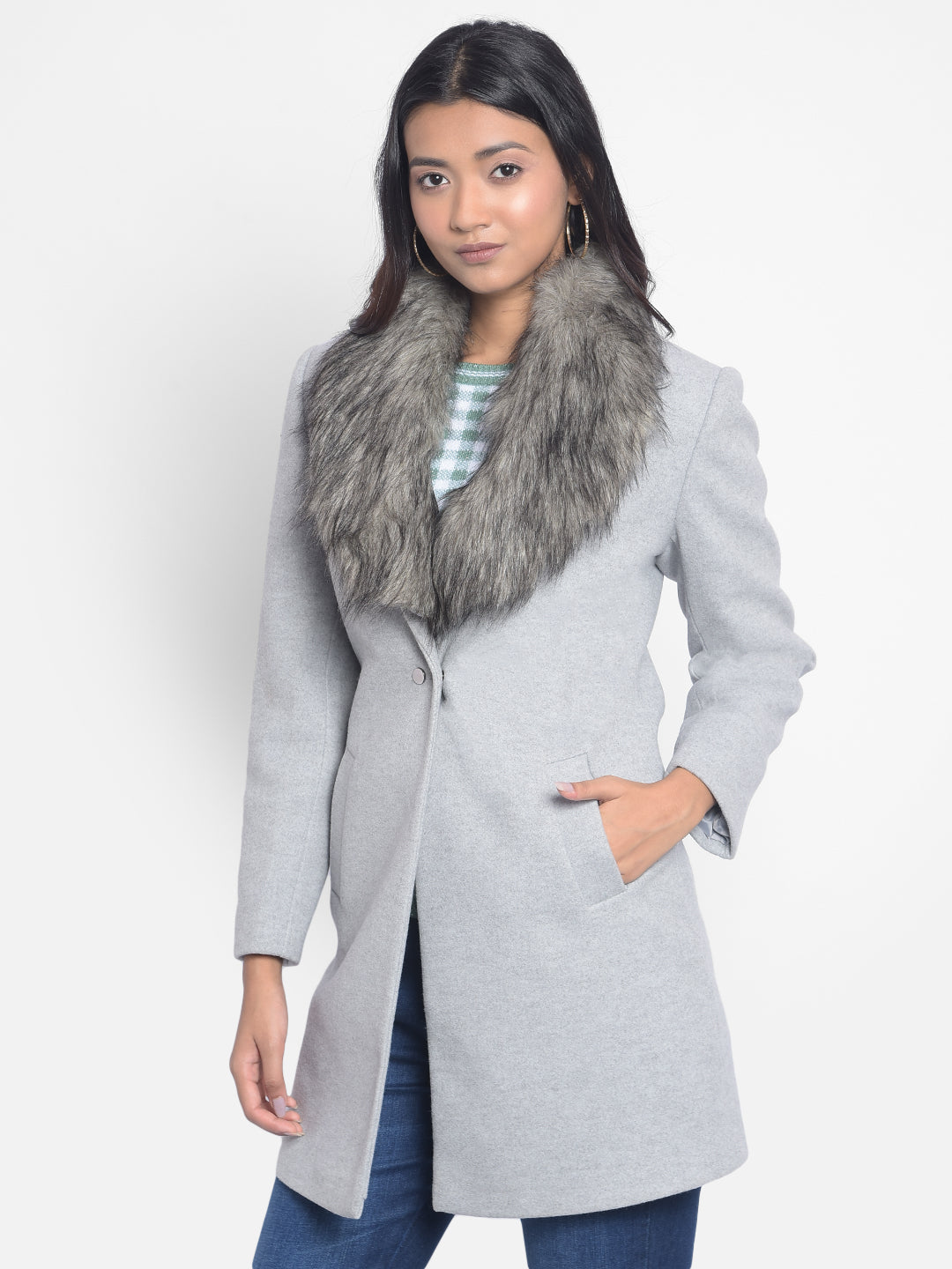 Grey Faux Fur Detailed Overcoat-Women Blazers-Crimsoune Club