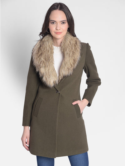 Olive Overcoat With Faux Fur Detail-Women Overcoats-Crimsoune Club