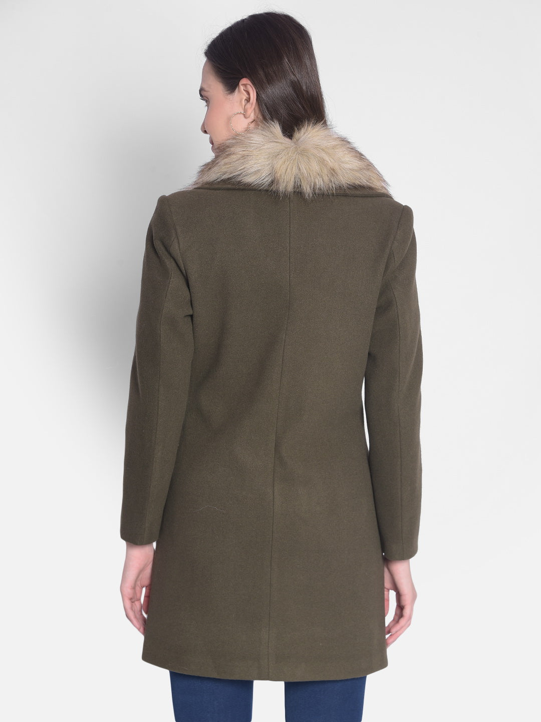 Olive Overcoat With Faux Fur Detail-Women Overcoats-Crimsoune Club