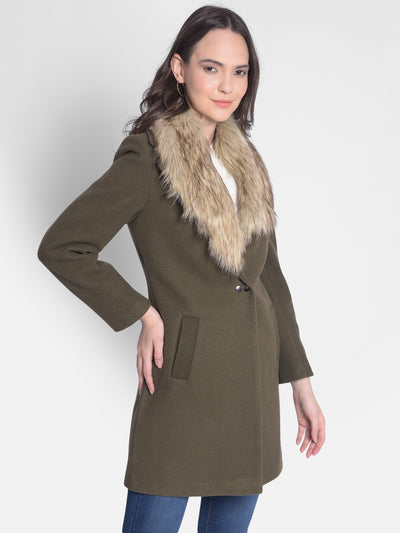 Olive Overcoat With Faux Fur Detail-Women Overcoats-Crimsoune Club