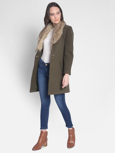 Olive Overcoat With Faux Fur Detail-Women Overcoats-Crimsoune Club