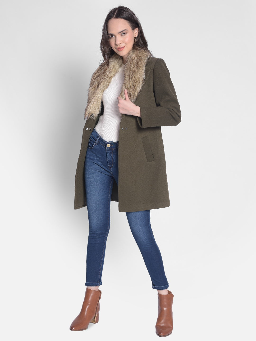 Olive Overcoat With Faux Fur Detail-Women Overcoats-Crimsoune Club