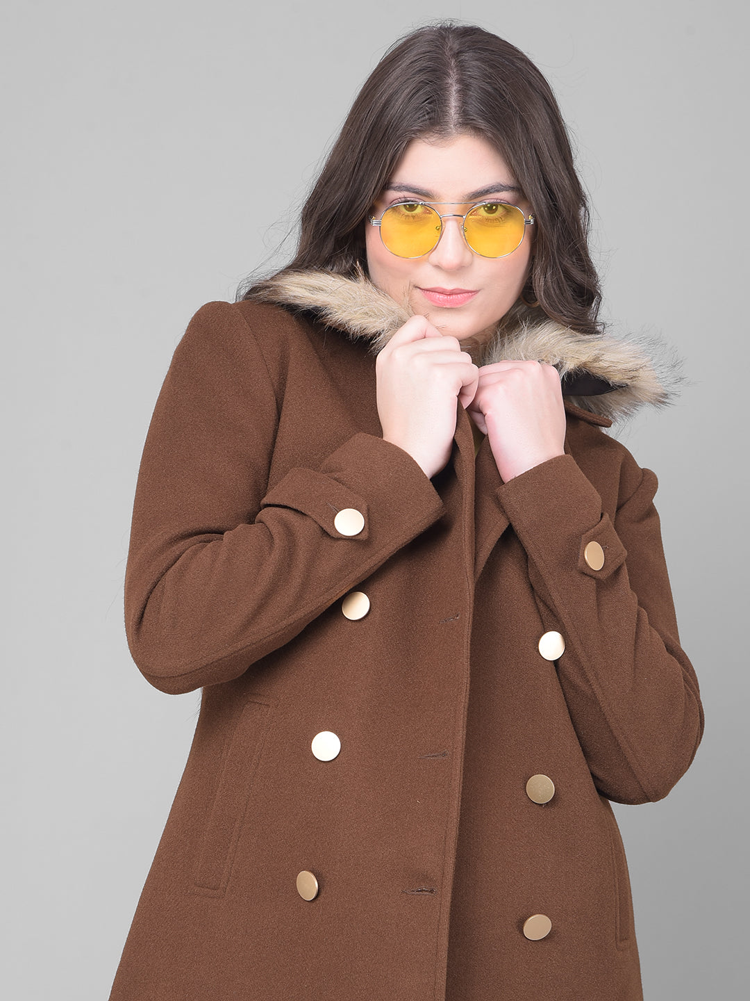 Brown Double Breasted Overcoat With Fur Detail-Women Coats-Crimsoune Club