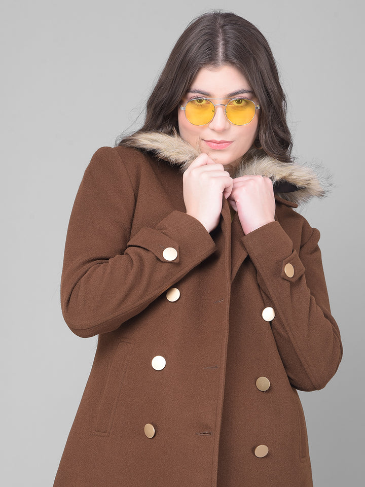 Brown Double Breasted Overcoat With Fur Detail-Women Coats-Crimsoune Club