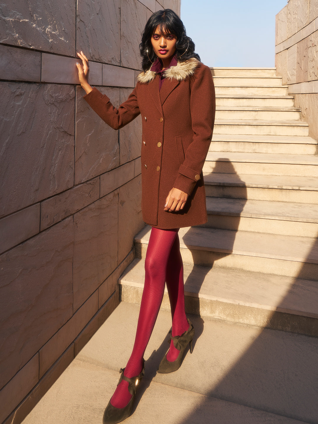 Brown Double Breasted Overcoat With Fur Detail-Women Coats-Crimsoune Club
