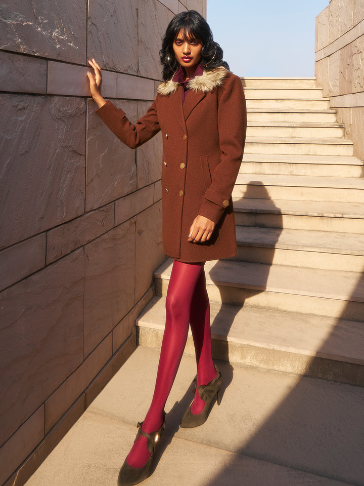 Brown Double Breasted Overcoat With Fur Detail-Women Coats-Crimsoune Club