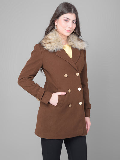 Brown Double Breasted Overcoat With Fur Detail-Women Coats-Crimsoune Club