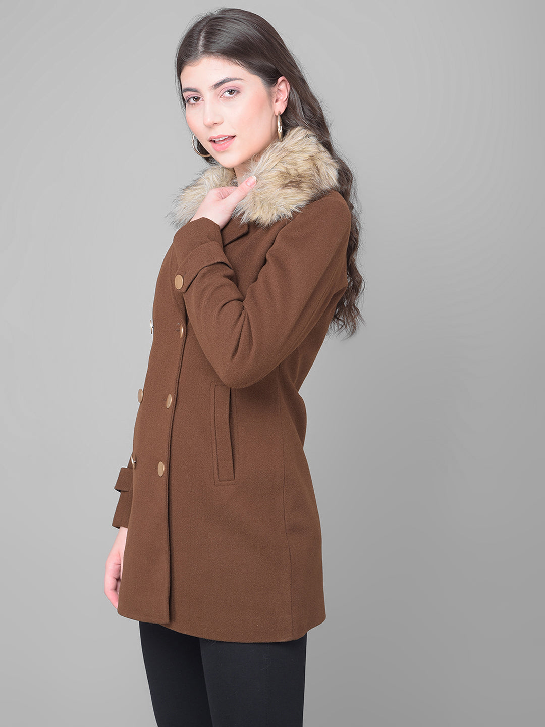 Brown Double Breasted Overcoat With Fur Detail-Women Coats-Crimsoune Club