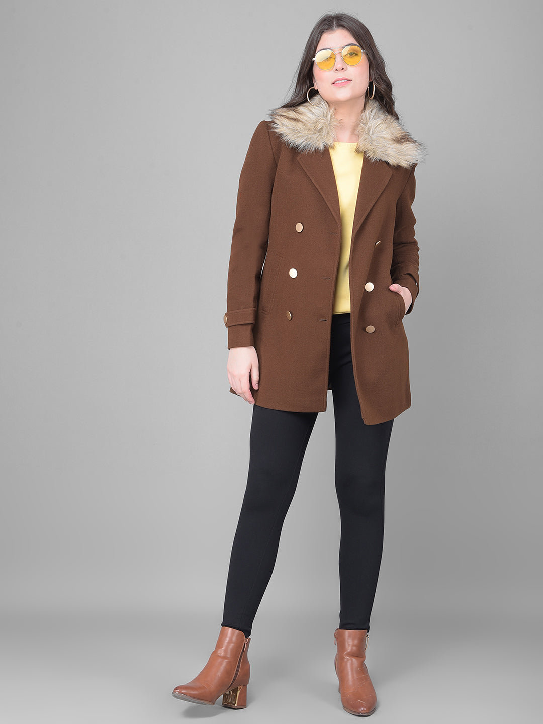 Brown Double Breasted Overcoat With Fur Detail-Women Coats-Crimsoune Club