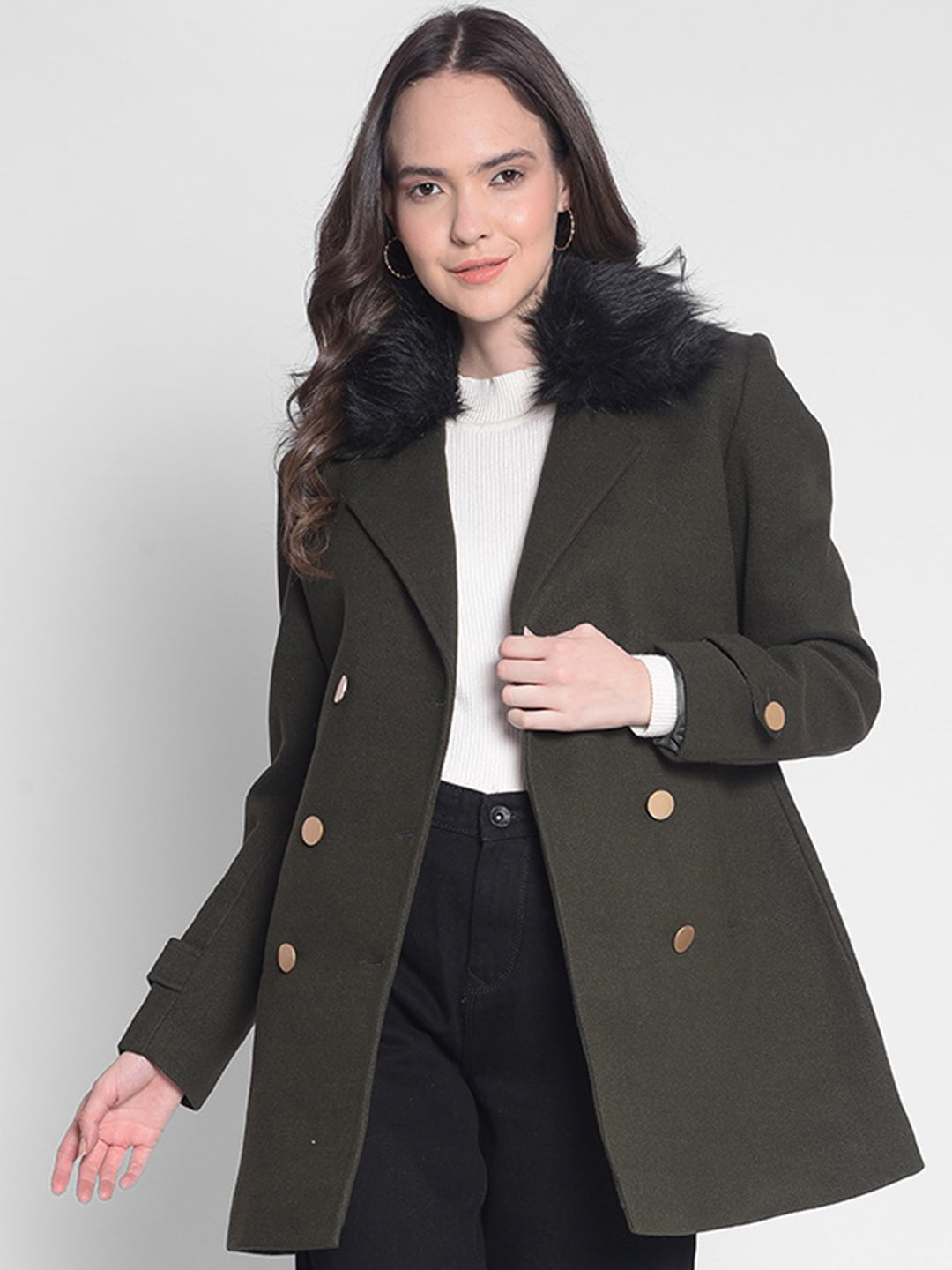 Olive Double-Breasted Overcoat-Women Overcoats-Crimsoune Club