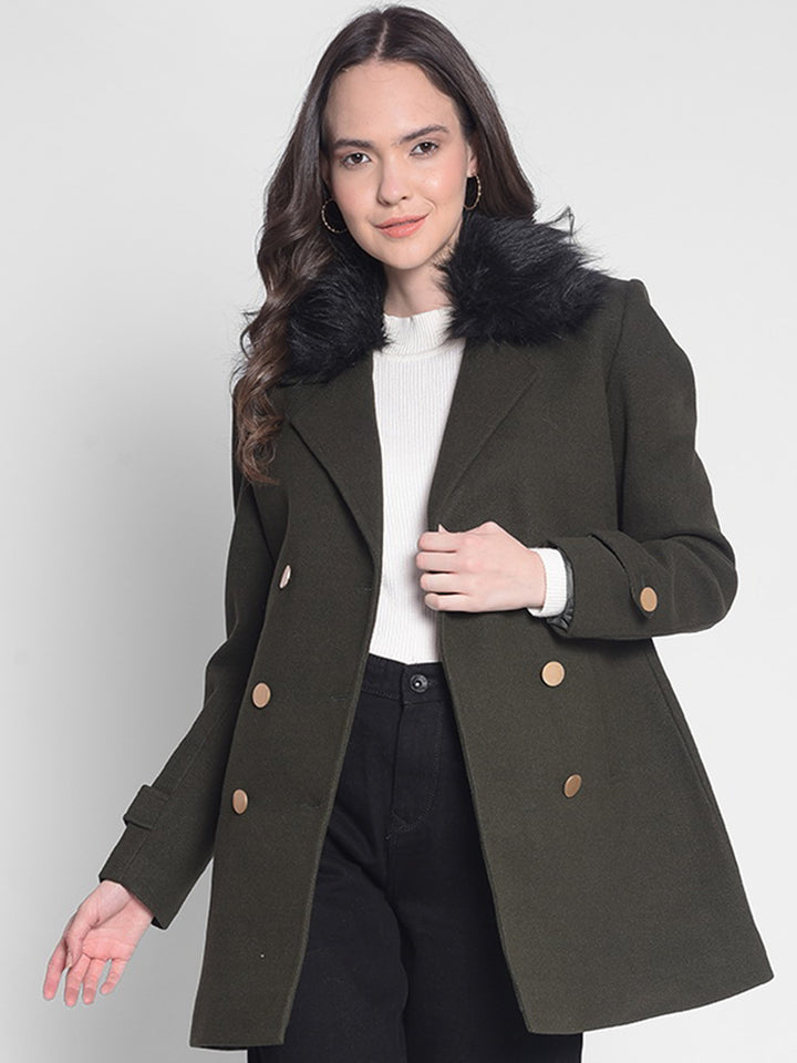 Olive Double-Breasted Overcoat-Women Overcoats-Crimsoune Club