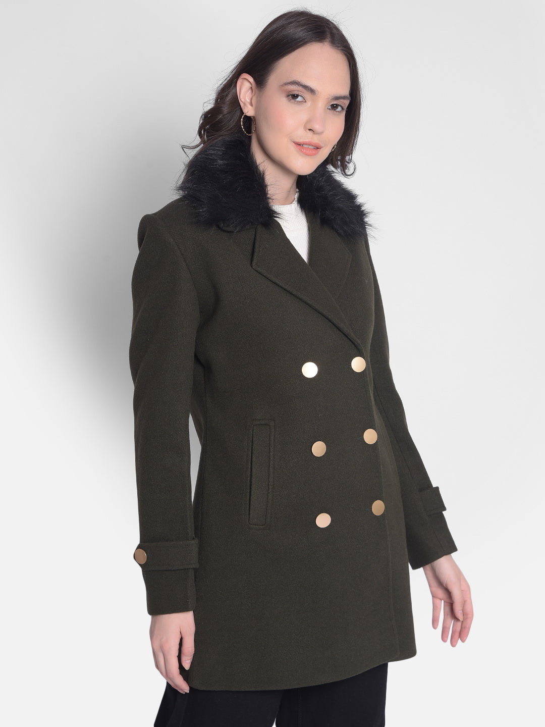 Olive Double-Breasted Overcoat-Women Overcoats-Crimsoune Club