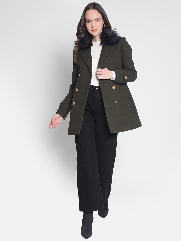 Olive Double-Breasted Overcoat-Women Overcoats-Crimsoune Club