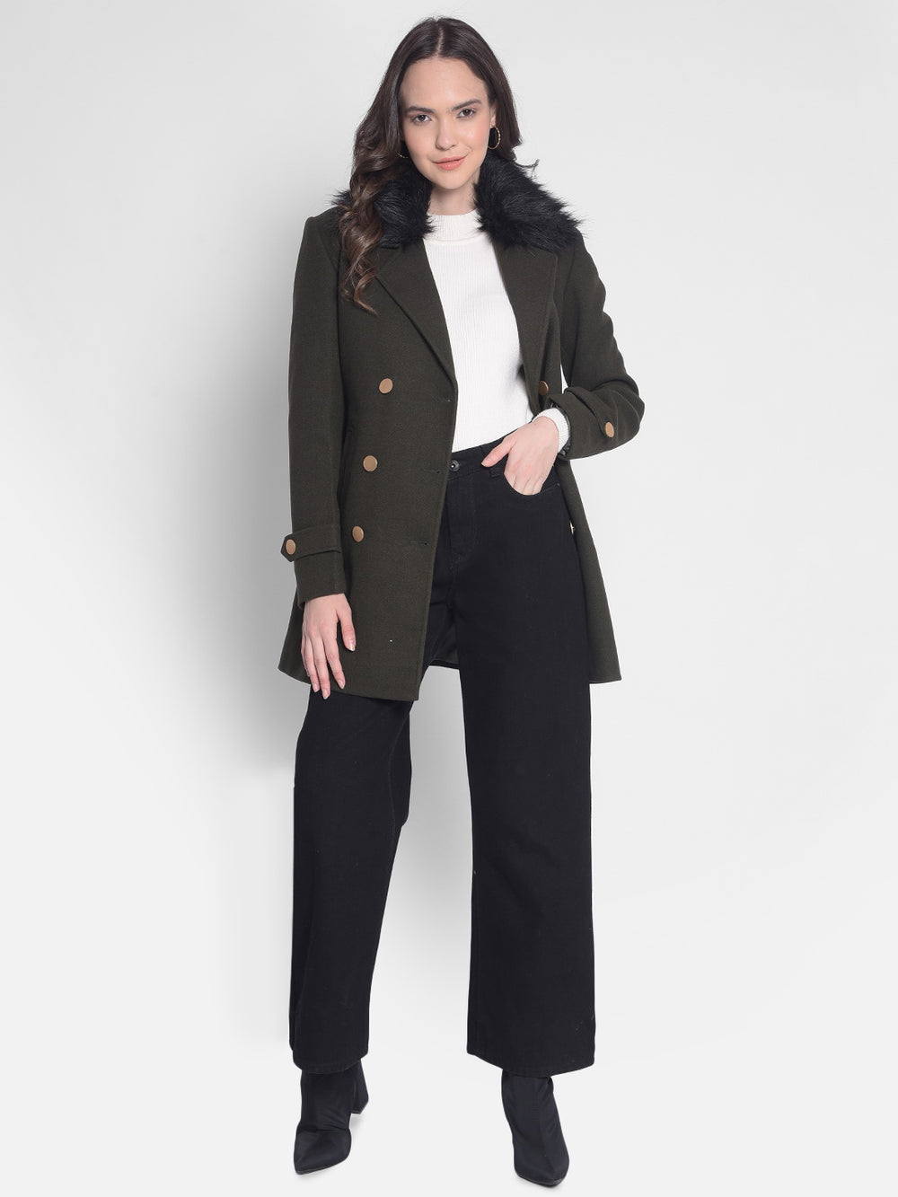 Olive Double-Breasted Overcoat-Women Overcoats-Crimsoune Club