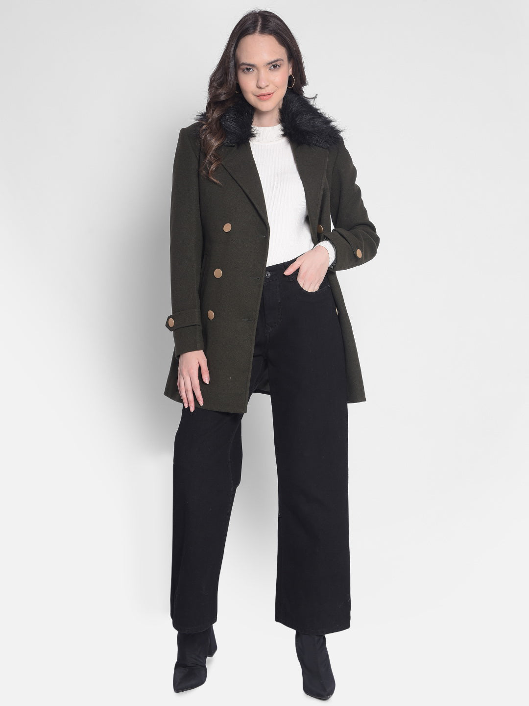 Olive Double-Breasted Overcoat-Women Overcoats-Crimsoune Club