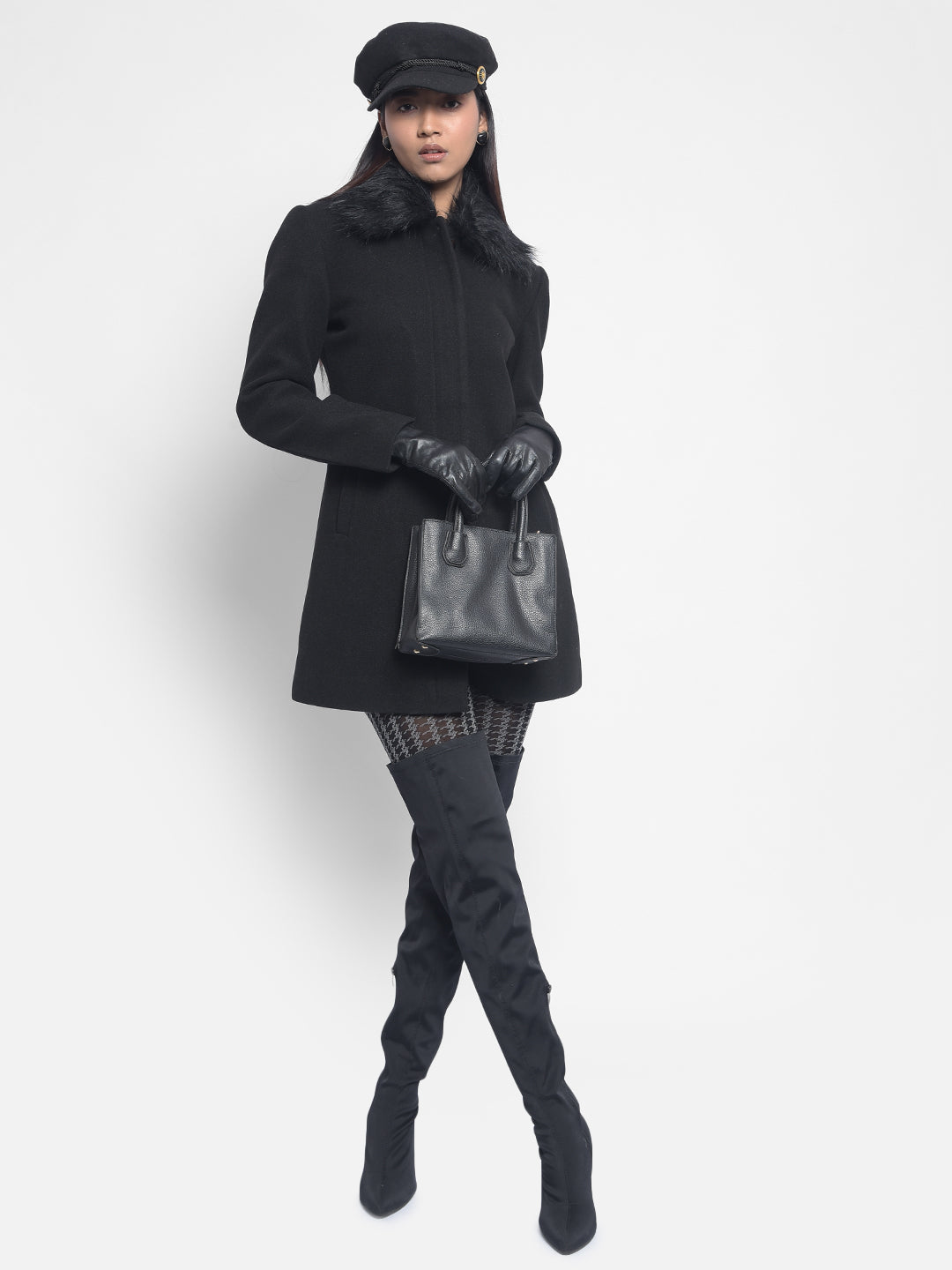 Black Faux Fur Detailed Overcoat-Women Blazers-Crimsoune Club