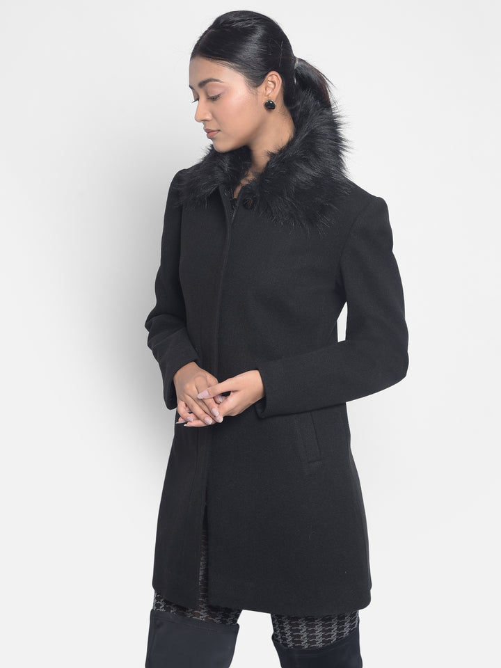 Black Faux Fur Detailed Overcoat-Women Blazers-Crimsoune Club