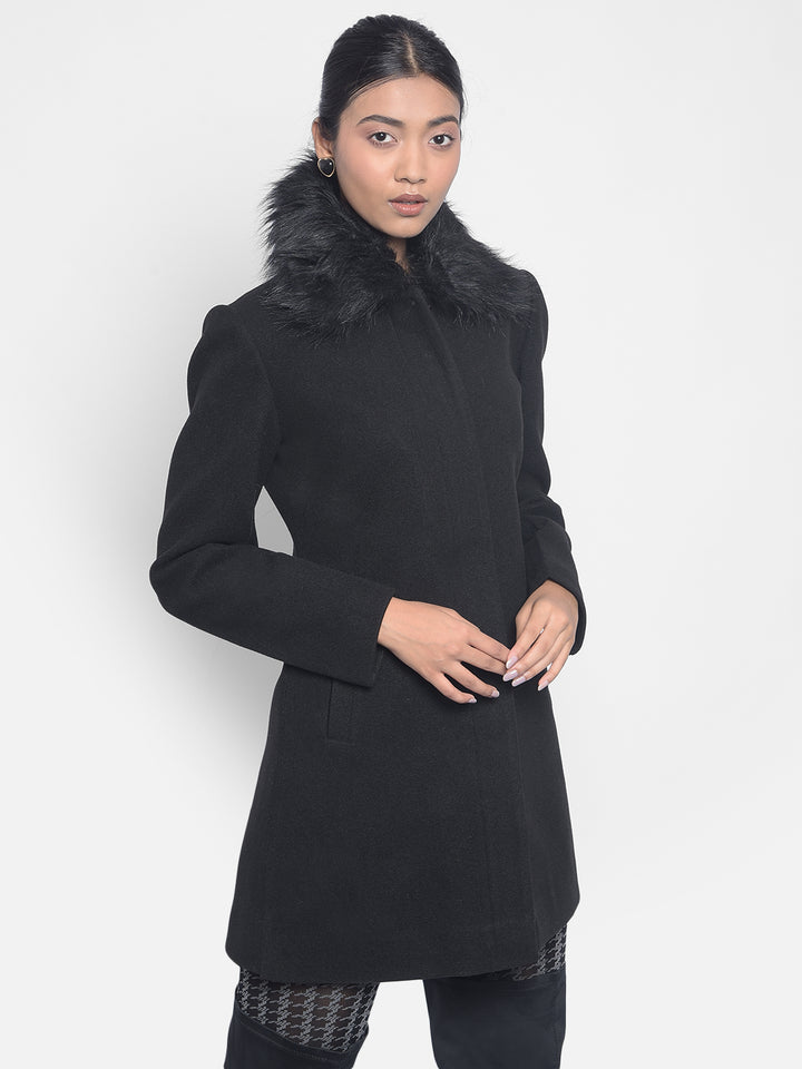 Black Faux Fur Detailed Overcoat-Women Blazers-Crimsoune Club