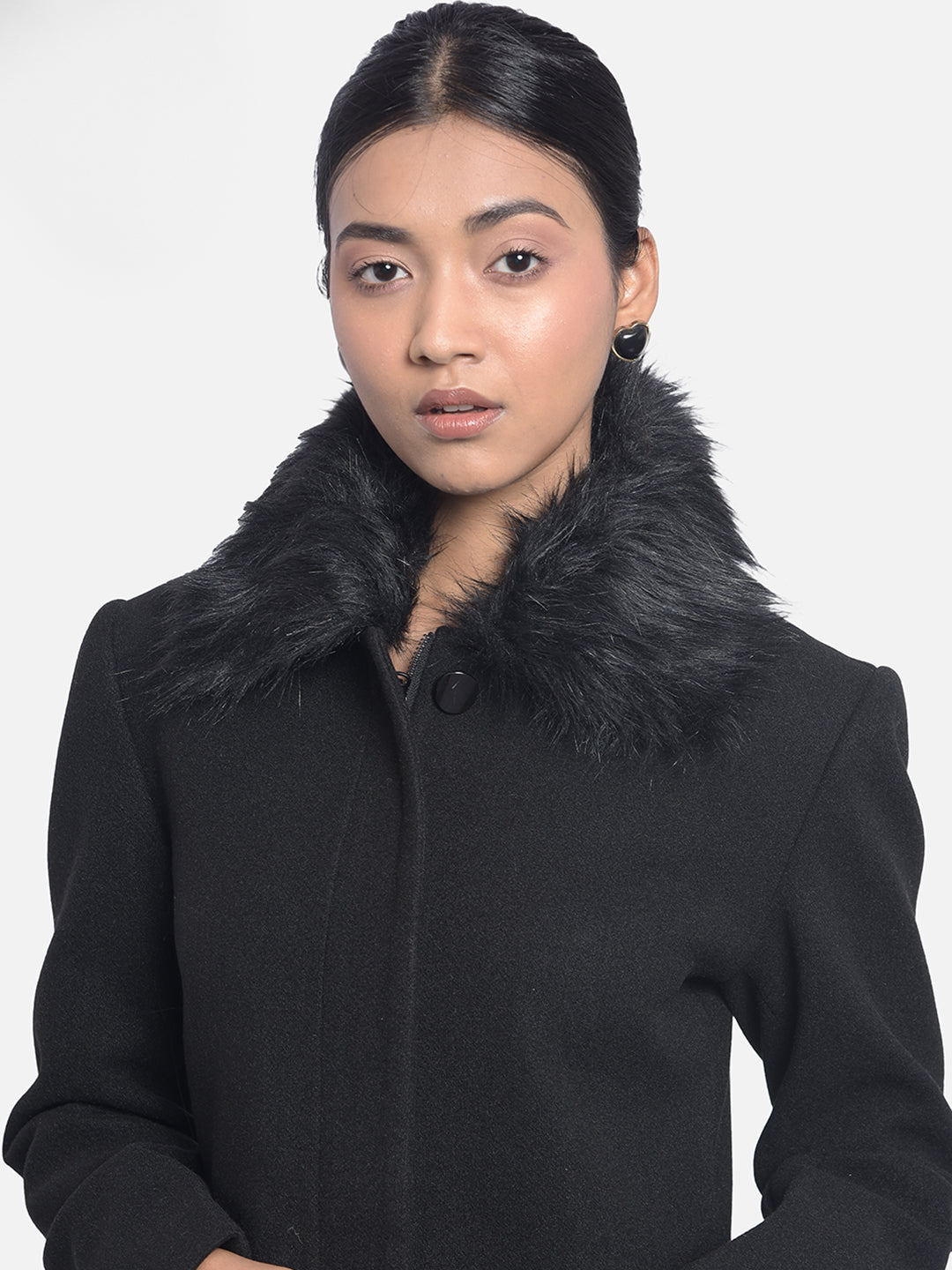 Black Faux Fur Detailed Overcoat-Women Blazers-Crimsoune Club