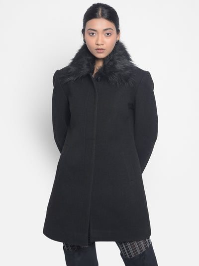 Black Faux Fur Detailed Overcoat-Women Blazers-Crimsoune Club