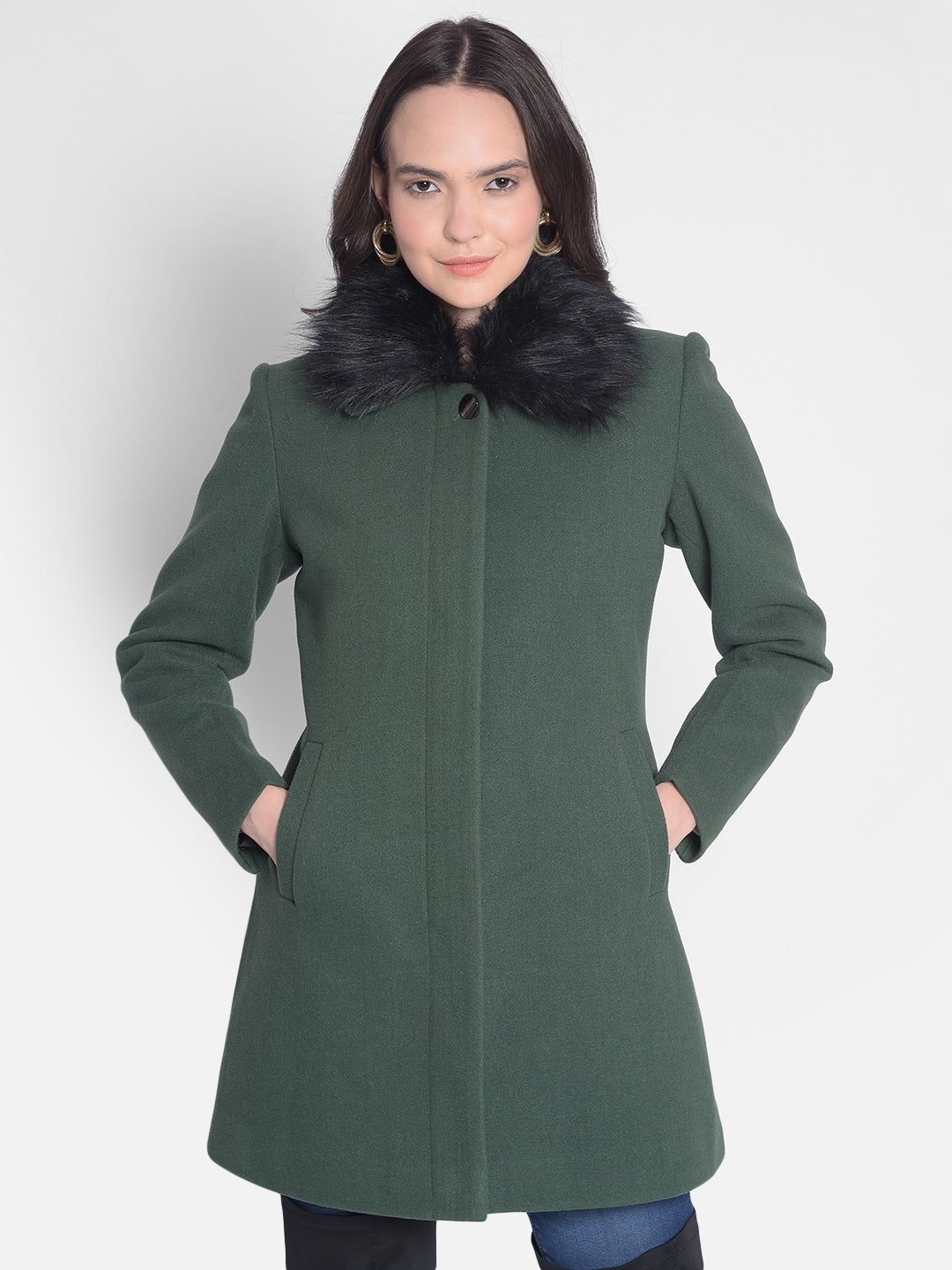 Green Overcoat With faux fur detail-Women Overcoats-Crimsoune Club