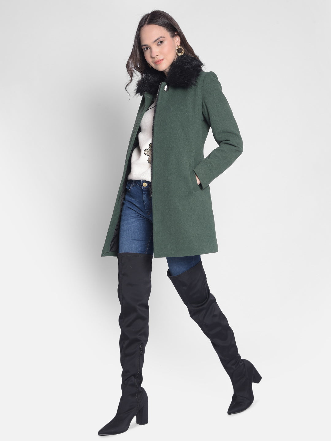 Green Overcoat With faux fur detail-Women Overcoats-Crimsoune Club