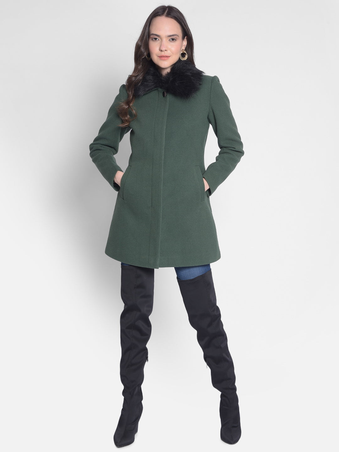 Green Overcoat With faux fur detail-Women Overcoats-Crimsoune Club