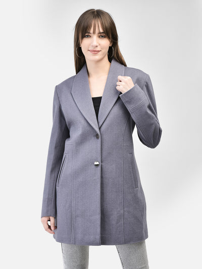 Grey Notched Lapel Collar Overcoat-Women Coats-Crimsoune Club