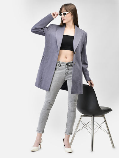 Grey Notched Lapel Collar Overcoat-Women Coats-Crimsoune Club