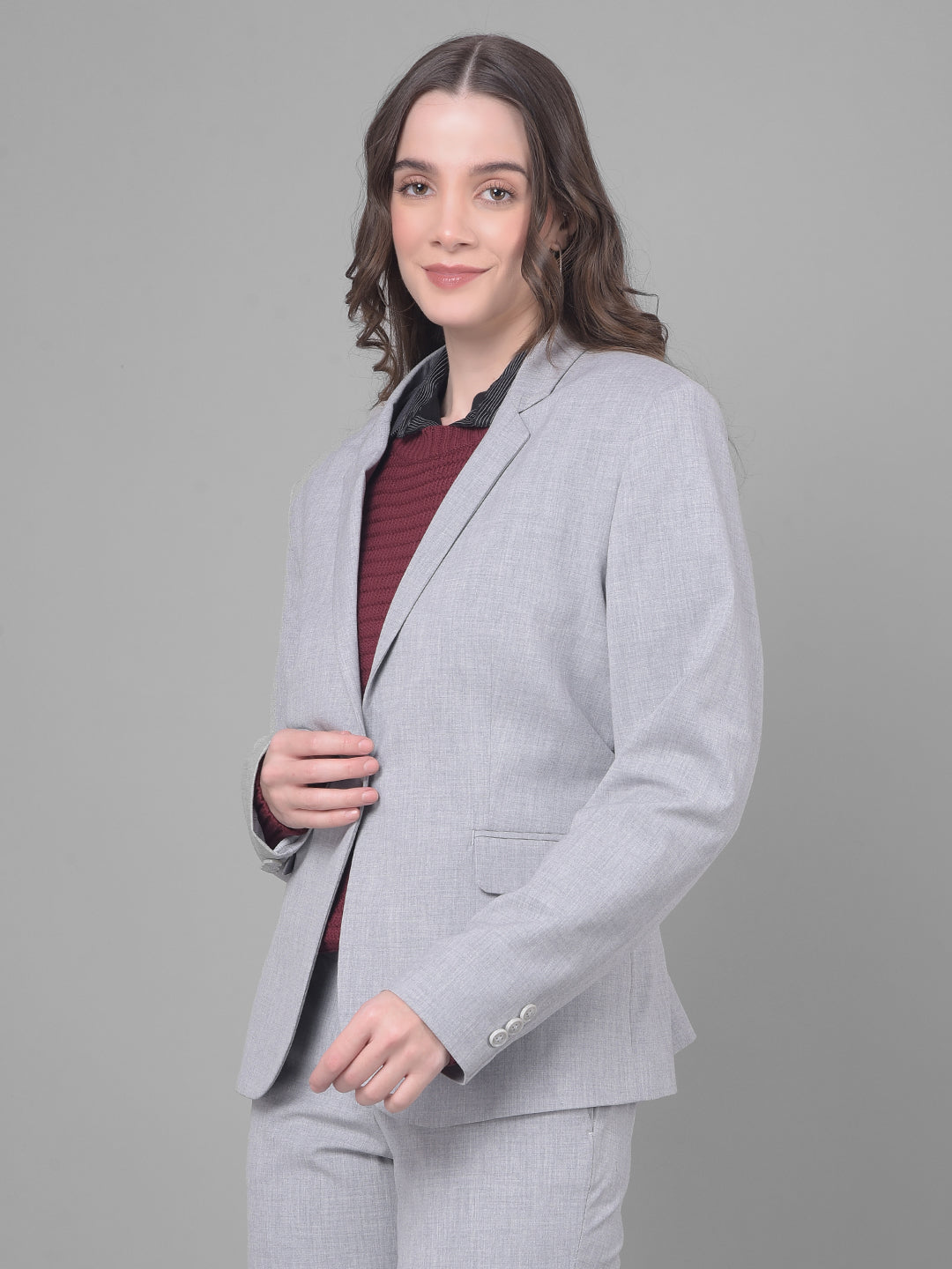 Grey Single Breasted Blazer-Women Blazers-Crimsoune Club