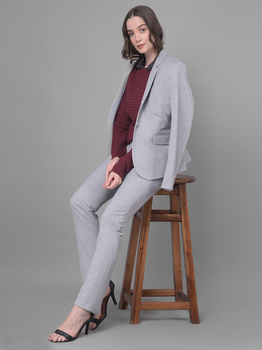 Grey Single Breasted Blazer-Women Blazers-Crimsoune Club