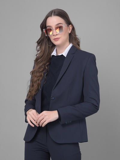 Navy Blue Single Breasted Blazer-Women Blazers-Crimsoune Club