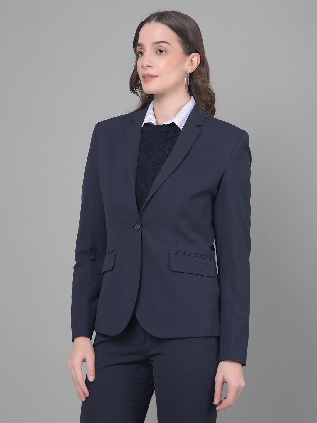 Navy Blue Single Breasted Blazer-Women Blazers-Crimsoune Club