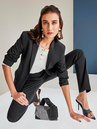 Black Single Breasted Blazer-Women Blazers-Crimsoune Club