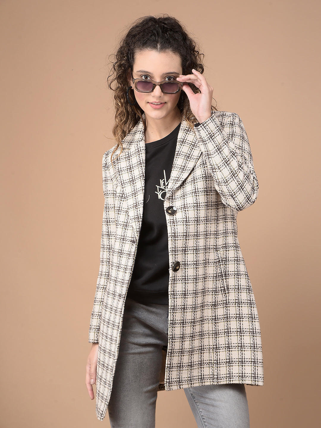 White Checked Longline Overcoat-Women Coats-Crimsoune Club