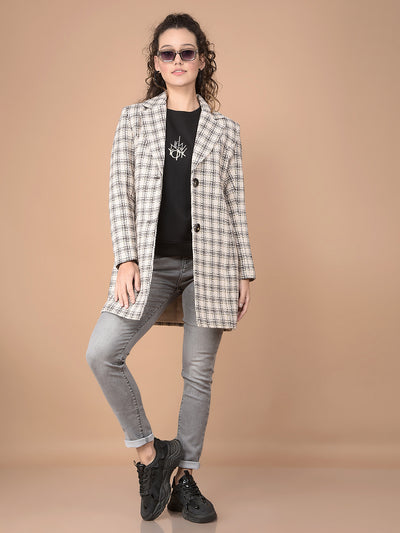 White Checked Longline Overcoat-Women Coats-Crimsoune Club